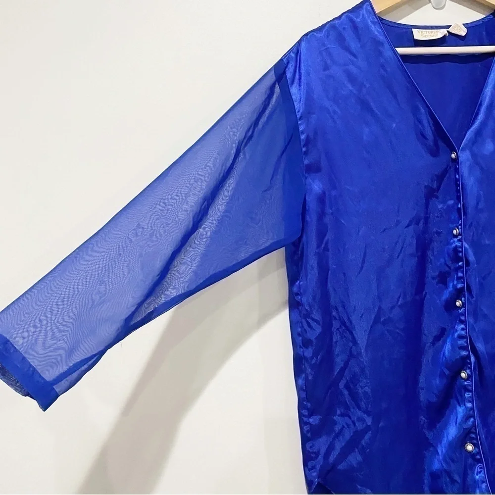 VICTORIA’S SECRET Vintage Blue Sleep Shirt Gold Label Sheer Sleeves Size Small